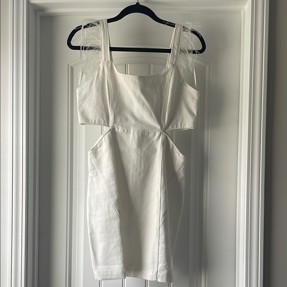 White Denim Dress with Feather Details